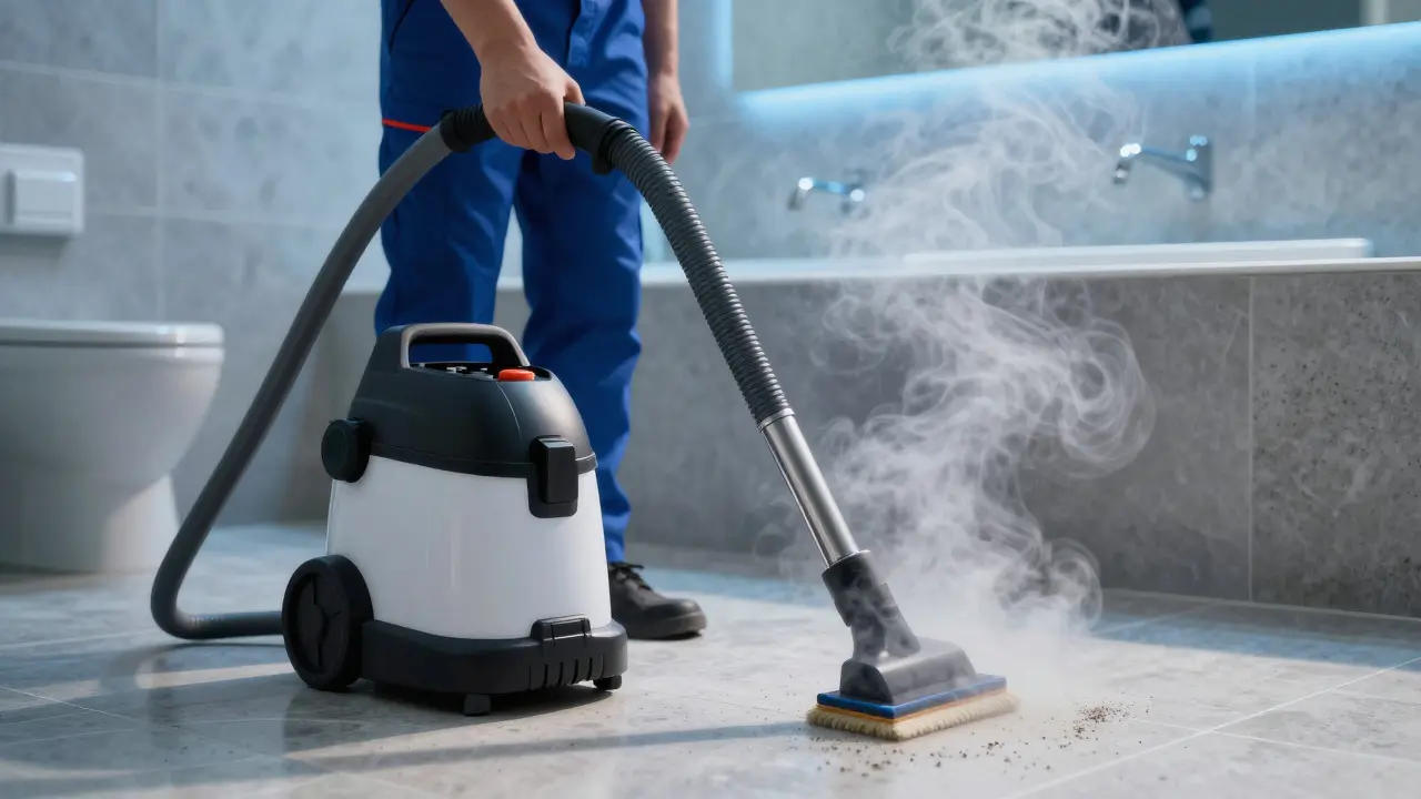 Technician using steam cleaner on stone tiles in modern steam room.