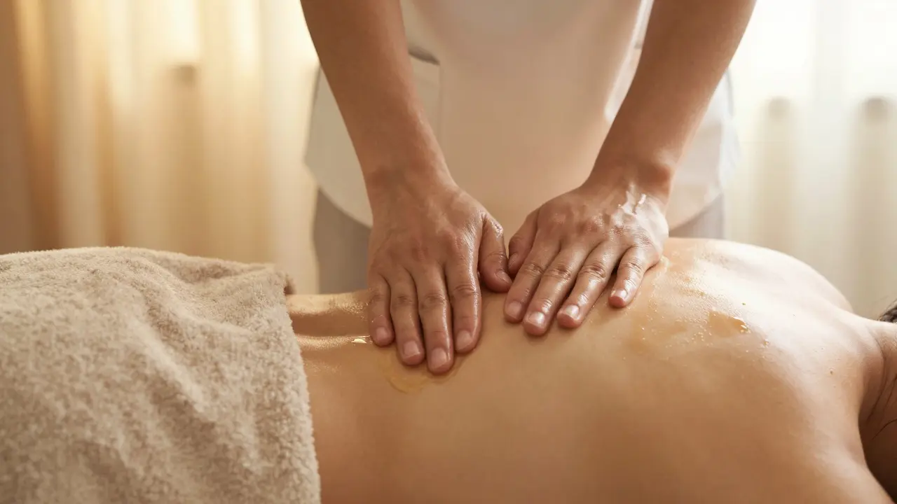 Therapist's hands massaging oil into a client's back with towels covering the body, warm light highlighting the movement.