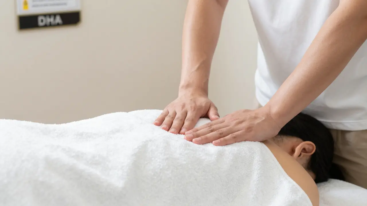 Therapist's hands working on a shoulder with proper draping, DHA license visible in background.