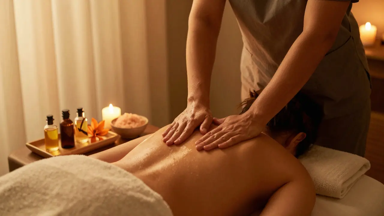 Therapist giving a warm oil massage in a quiet, candlelit room with natural oils nearby.
