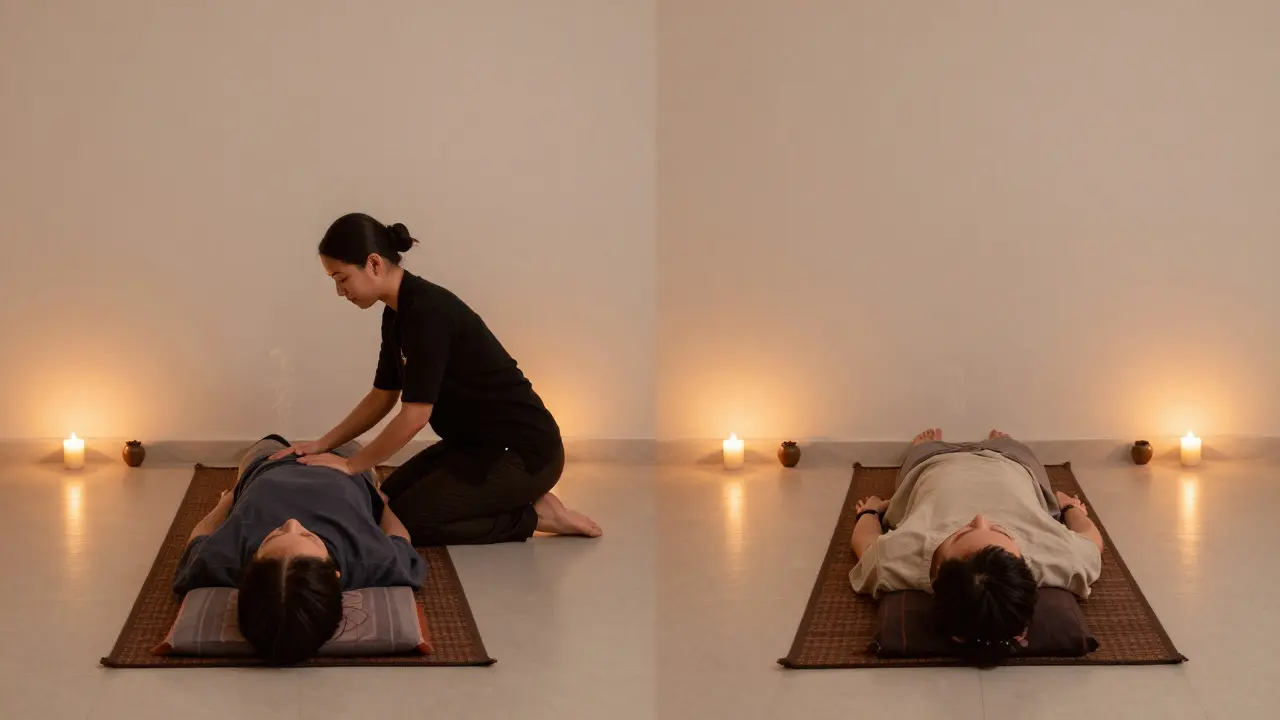 Two clients receiving Thai massage side by side in a calm, minimalist spa room in Dubai.