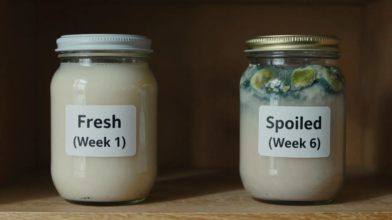 Two jars side by side showing fresh scrub versus moldy, spoiled scrub