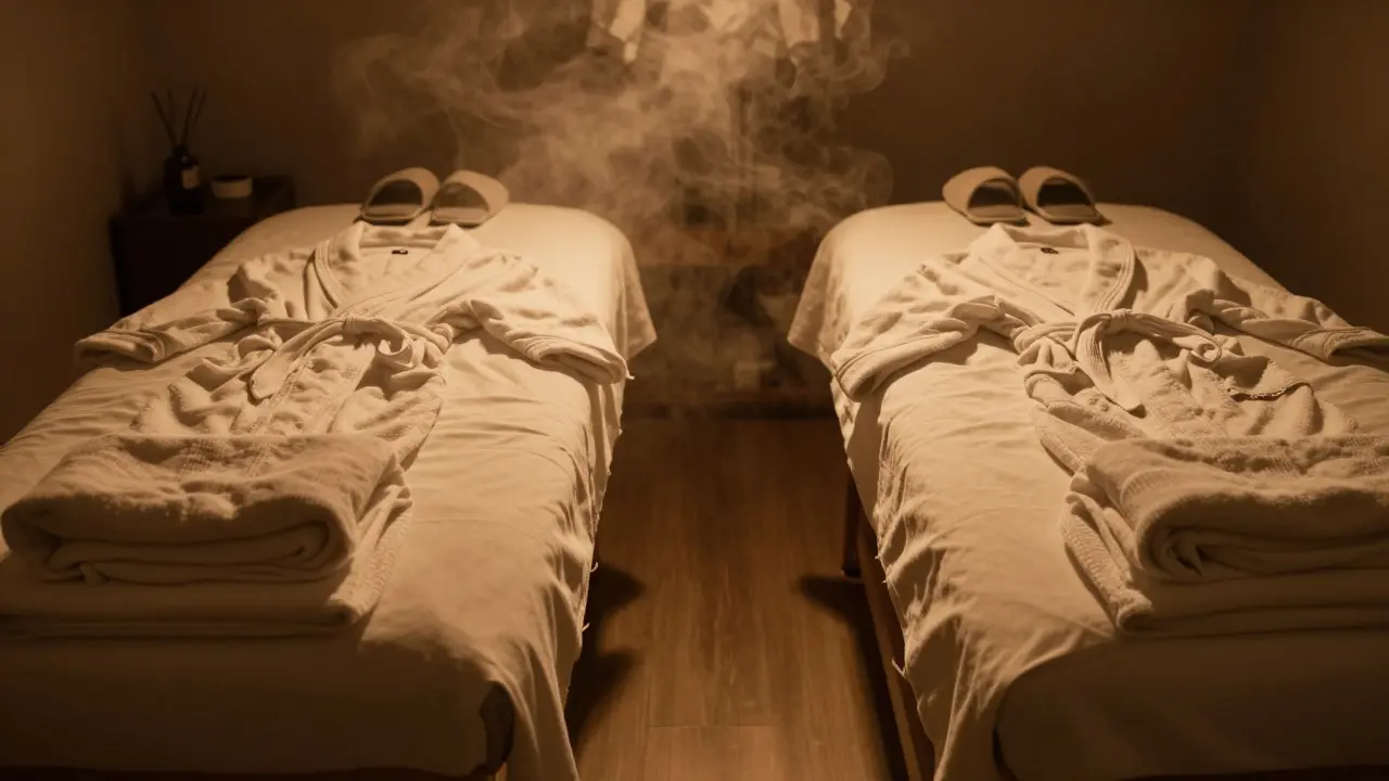 Two massage beds with robes and slippers neatly arranged in a dimly lit room.