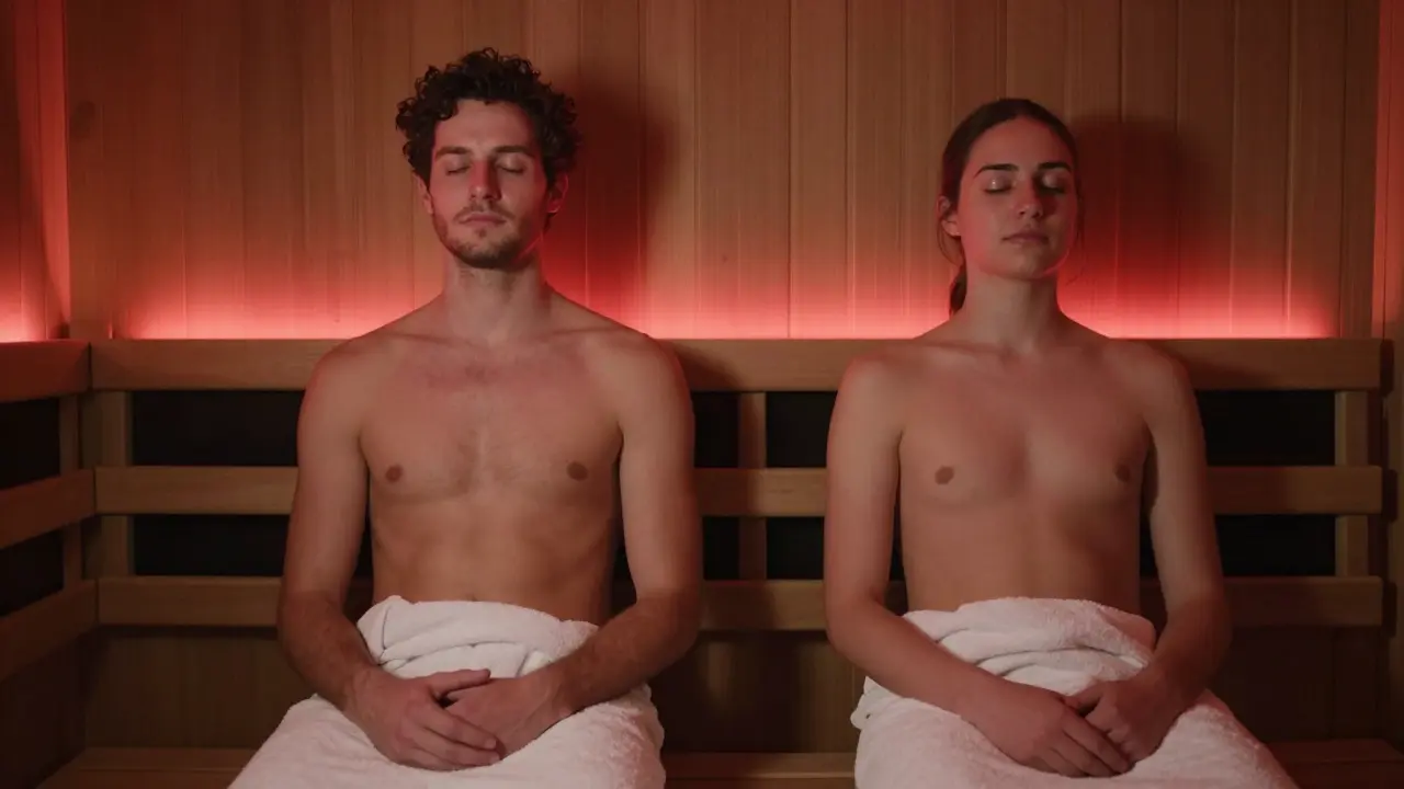 Two people sitting quietly side by side in a sauna, calm and at peace.