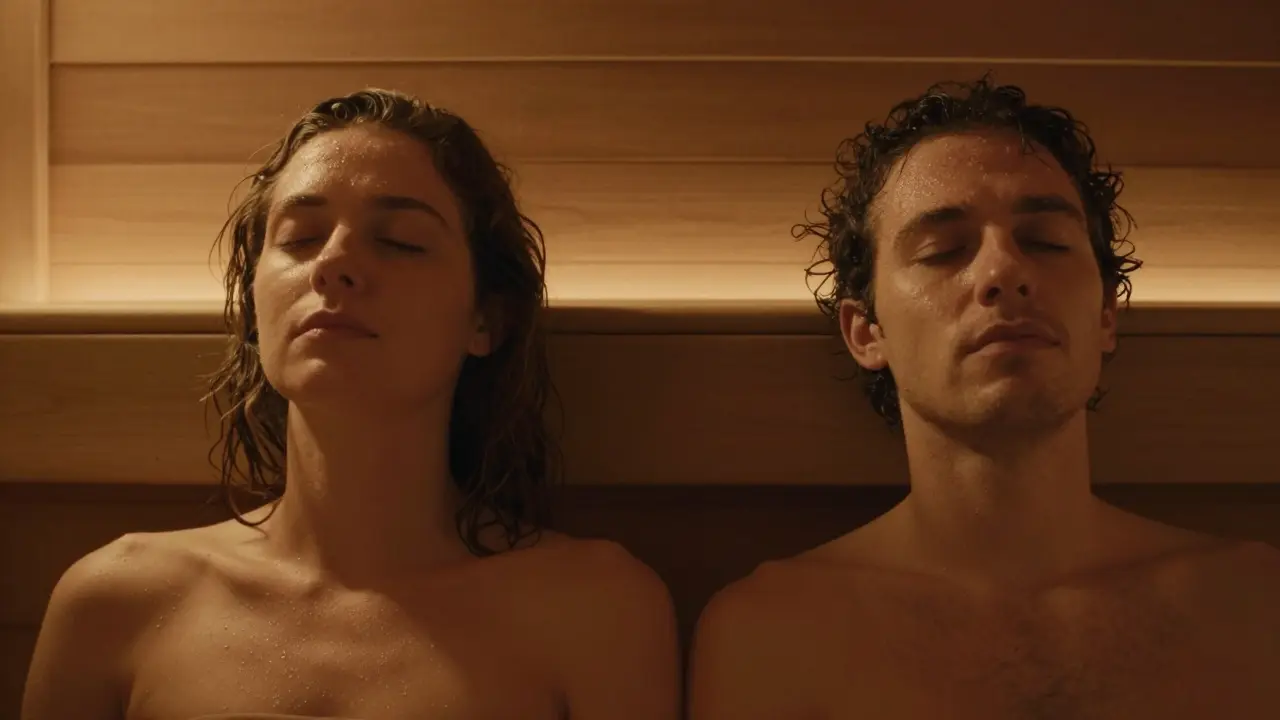 Two people sitting side by side in a private sauna, relaxed and silent, sharing a moment of calm together.