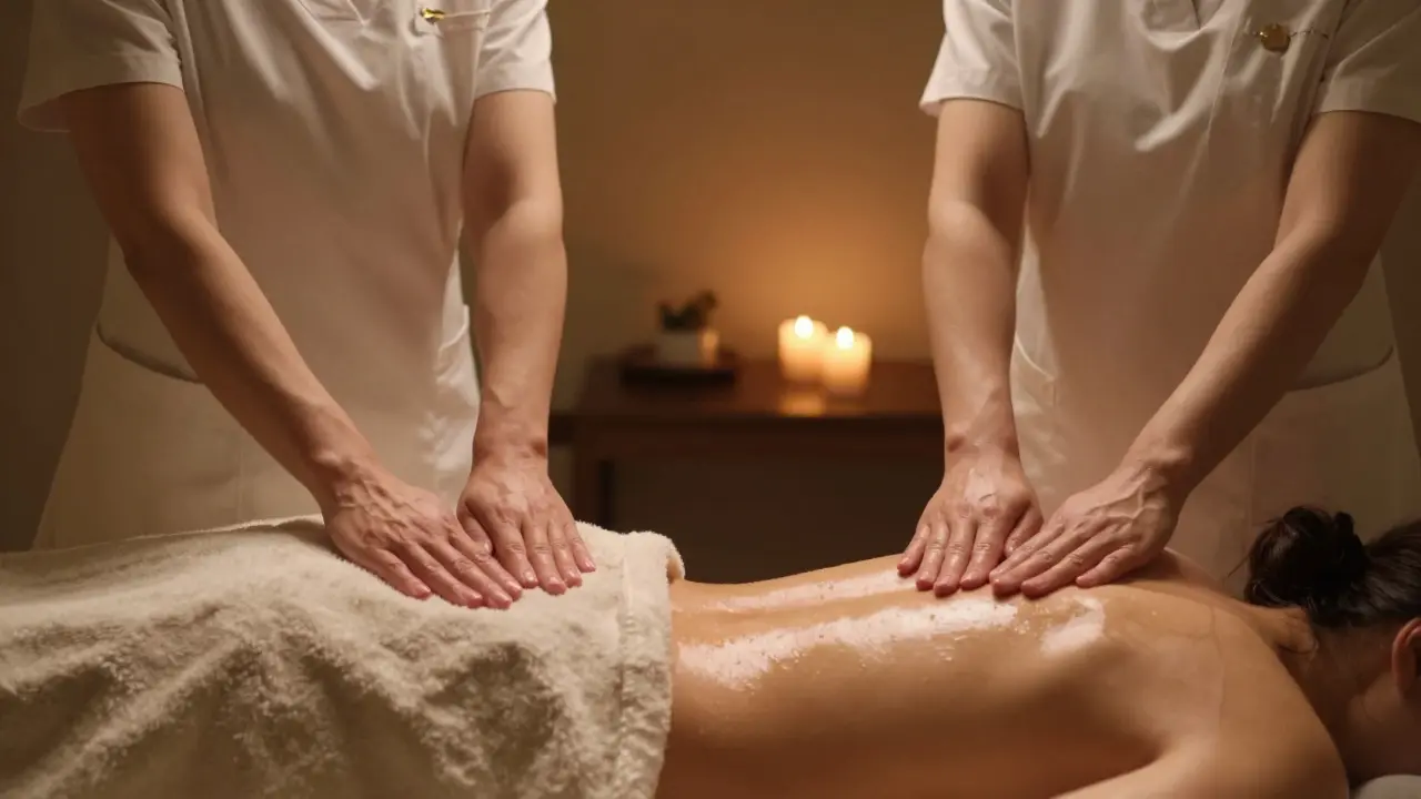 Two therapists performing synchronized massage strokes on a couple, their hands moving in unison under warm drapes in a tranquil spa room.