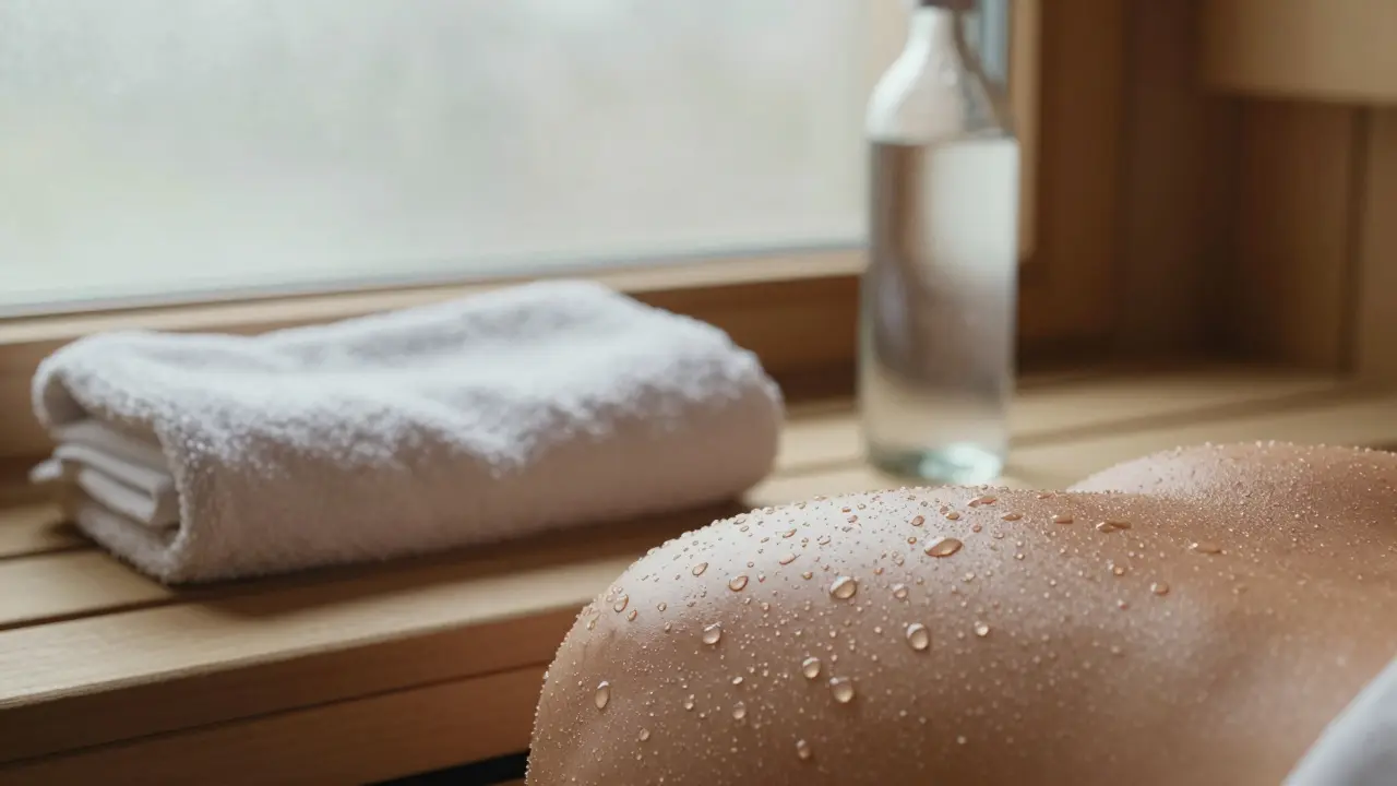 Water droplets on skin after a sauna, with a towel and water bottle nearby.