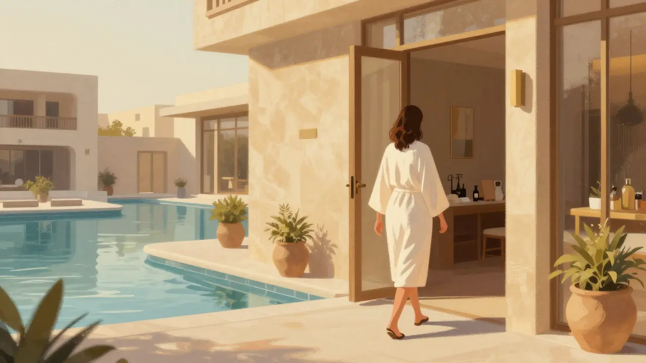 Woman entering women's spa area in Dubai wearing robe.