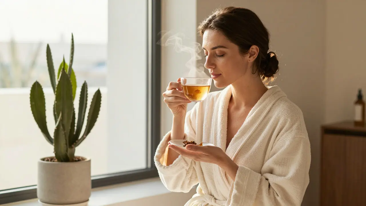 Woman in a robe sipping tea after a body scrub, glowing skin illuminated by soft sunlight
