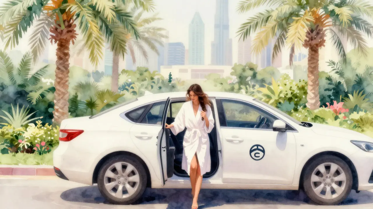 Woman stepping out of Uber vehicle in spa garden