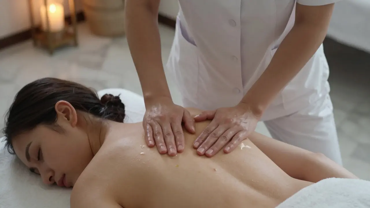 A certified therapist applying pressure to a client's back during a luxury massage in Dubai.
