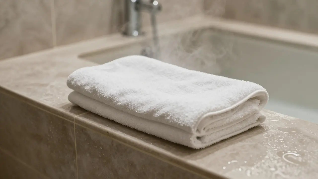 A clean white towel placed on a tiled bench in a steam room, showing proper hygiene practice before sitting.