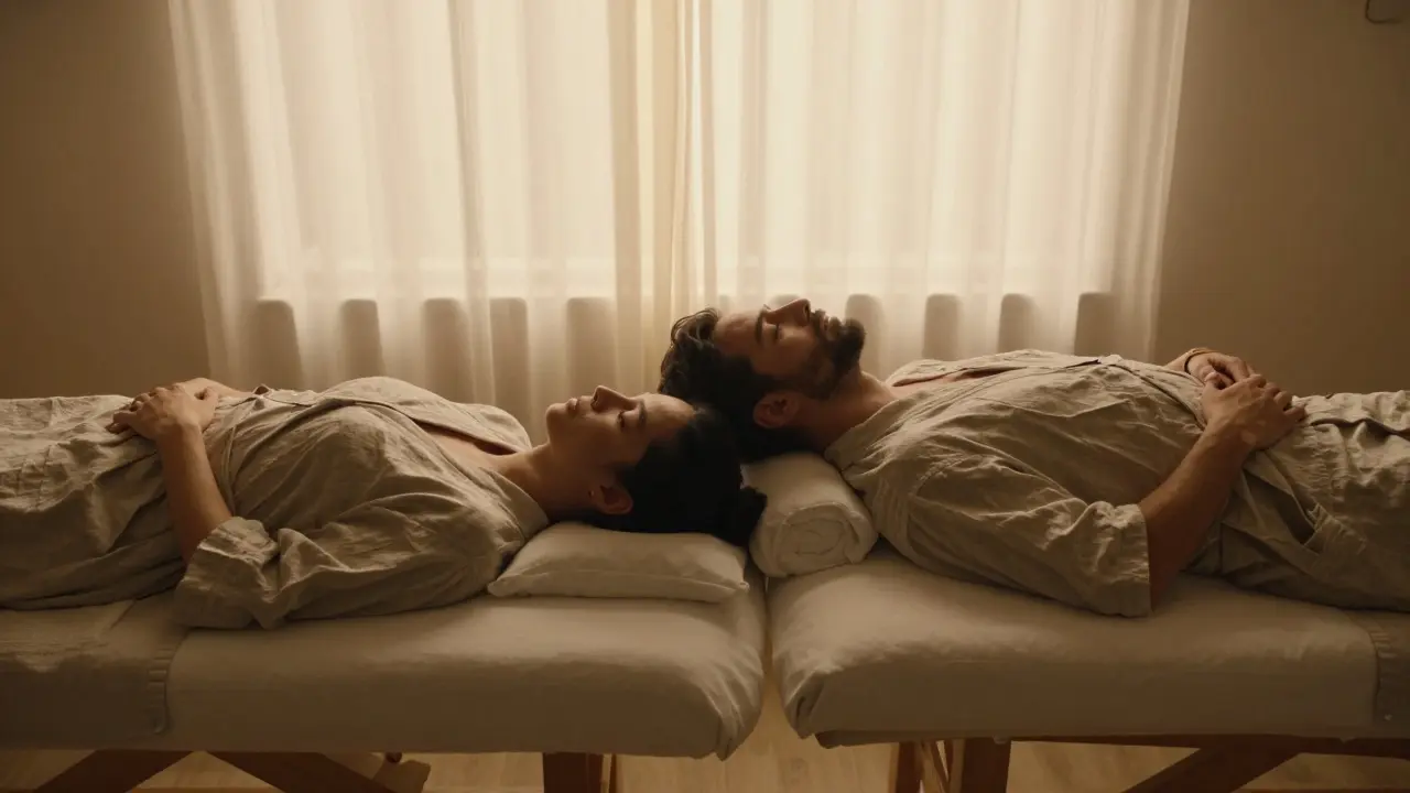 A couple relaxed side by side on massage tables in matching robes, eyes closed.