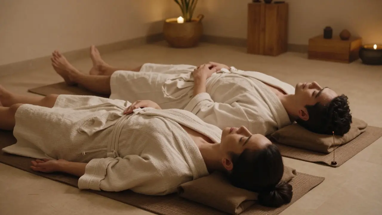 A couple relaxing side by side on massage mats in a quiet Dubai spa, both at peace.
