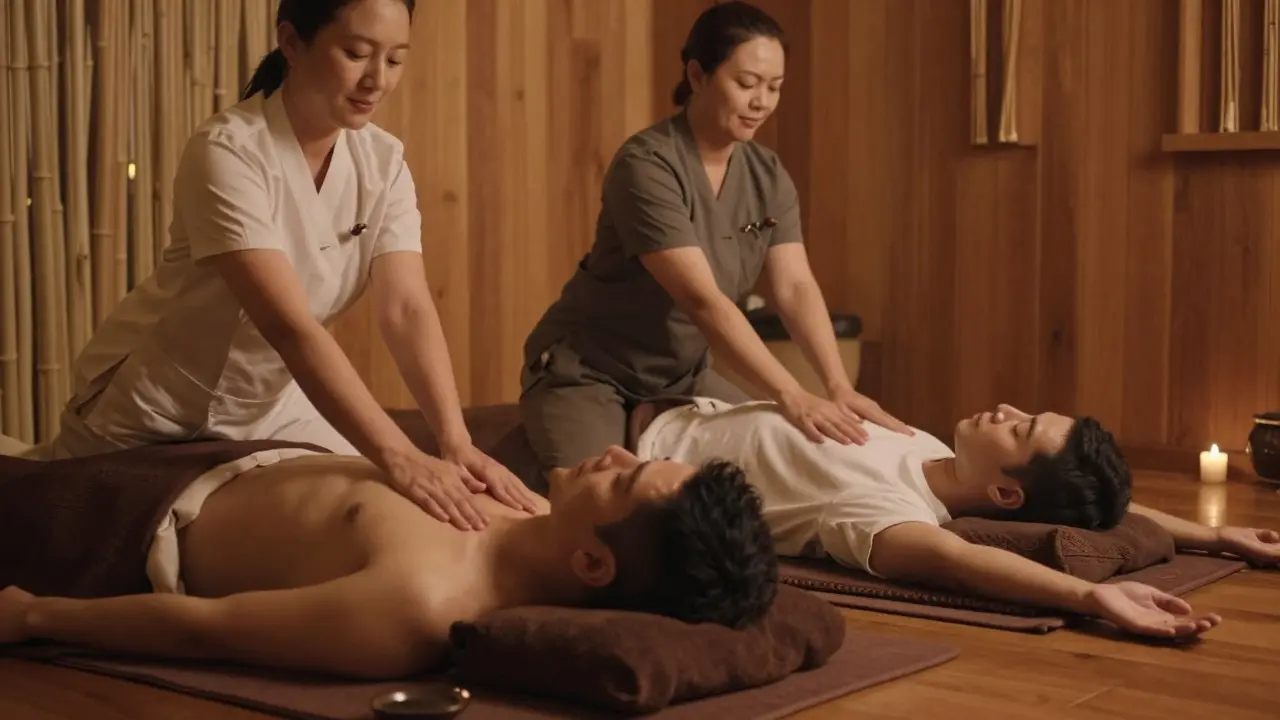 A couple side by side on mats, both relaxed and being gently stretched by therapists during a shared Thai massage session.