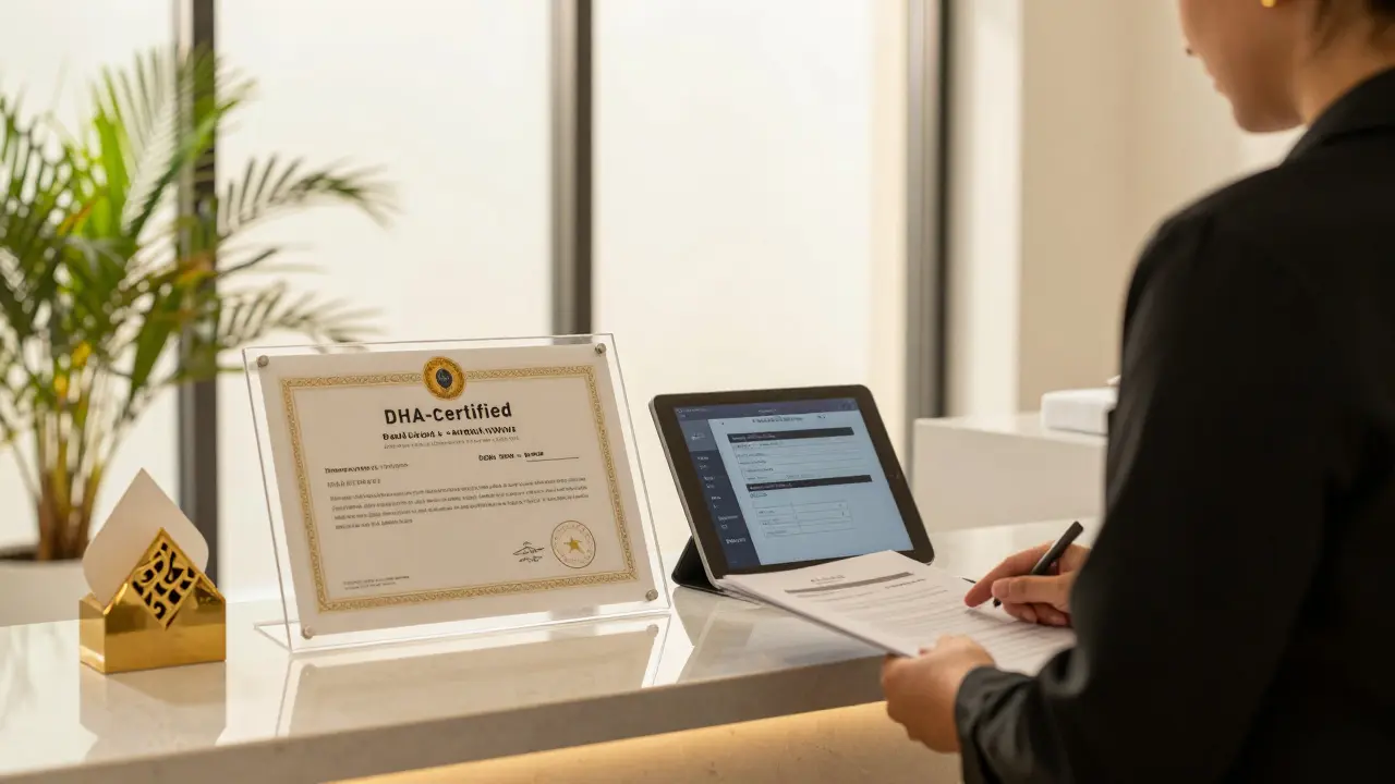 A DHA-certified spa reception with a licensed certification displayed prominently on a clean desk.