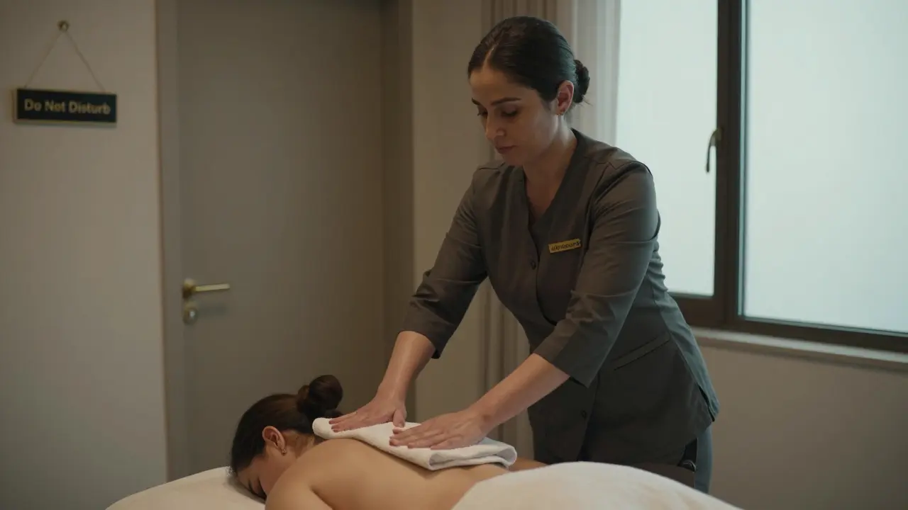 A female massage therapist in professional attire gently adjusts a towel over a client's back in a private spa room.