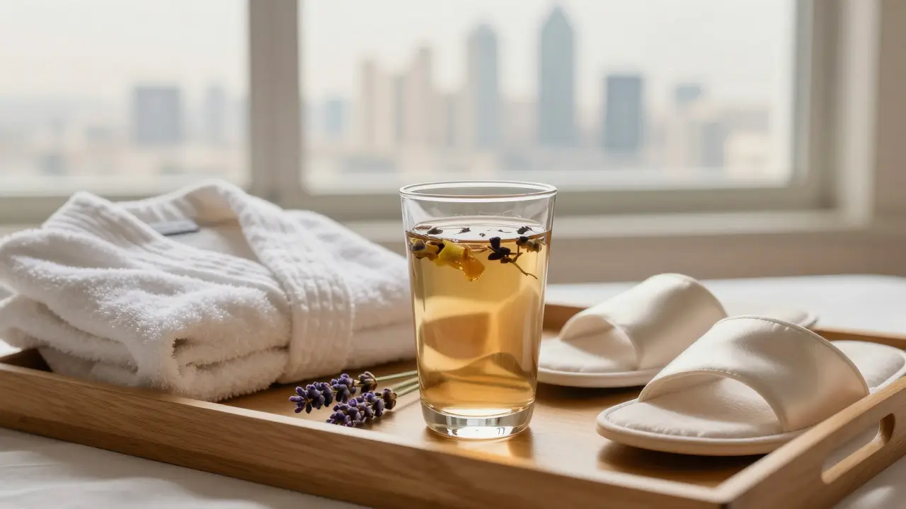 A glass of herbal tea and spa robe beside slippers with Dubai's skyline in the background.