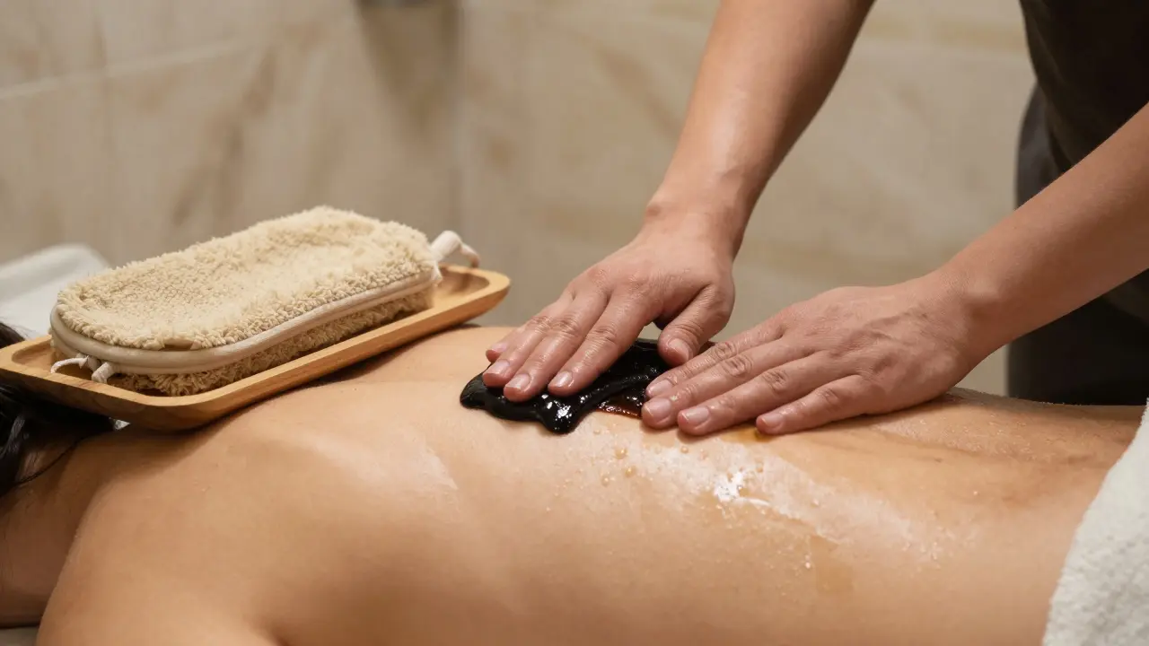 A hand applying black soap to a person's back using a natural exfoliating mitt in a private hammam.