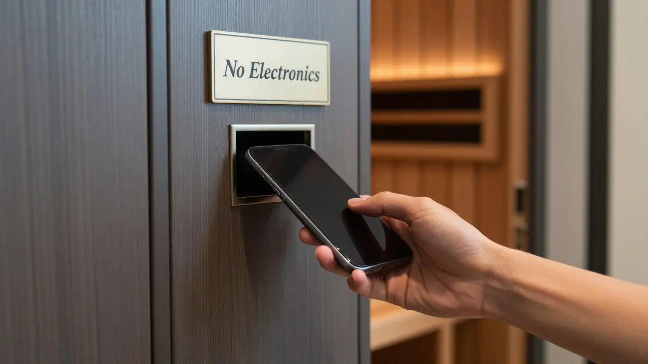 A hand placing a smartphone into a locker outside a luxury spa, with a 'No Electronics' sign visible.