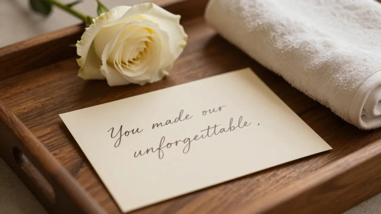 A handwritten thank-you note left on a spa tray with a white rose and folded towel.