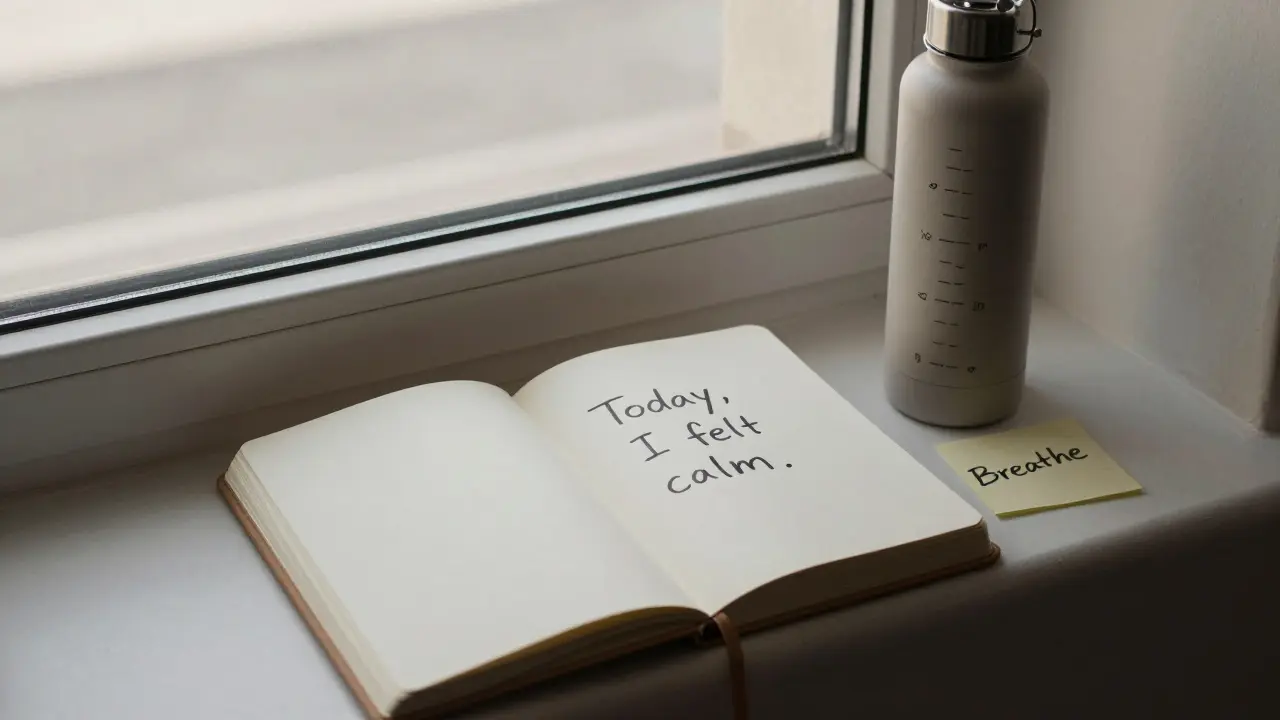 A journal with 'Today, I felt calm' beside a water bottle and 'Breathe' sticky note.