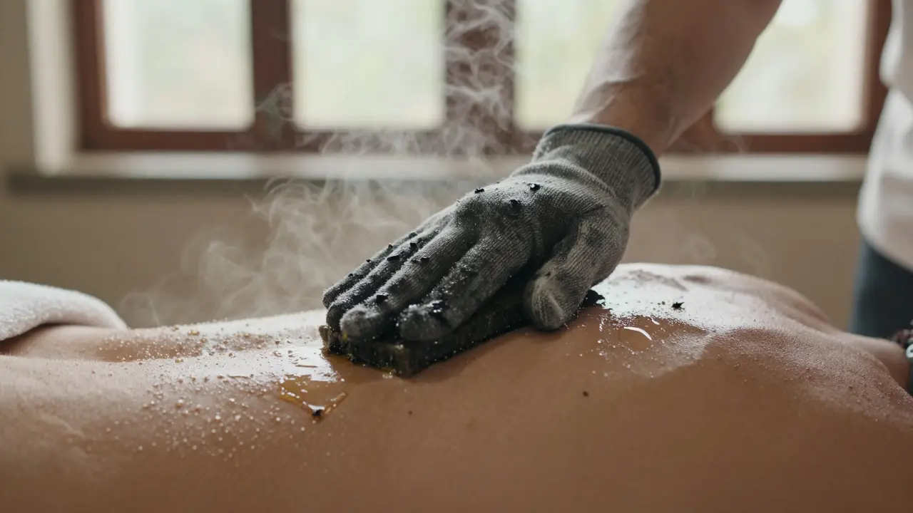 A kessa glove being used to scrub a back with black soap, steam rising, skin glistening under warm light.
