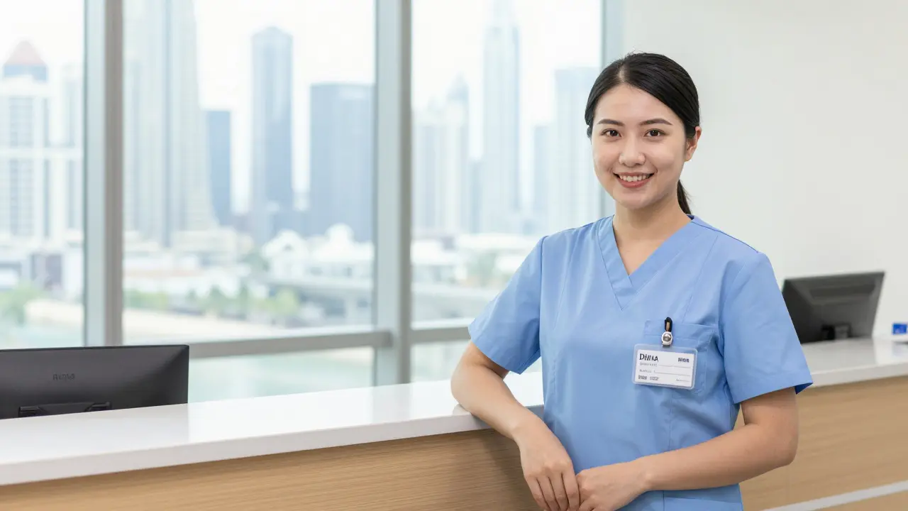 A licensed massage therapist wearing a uniform with a visible DHA badge.