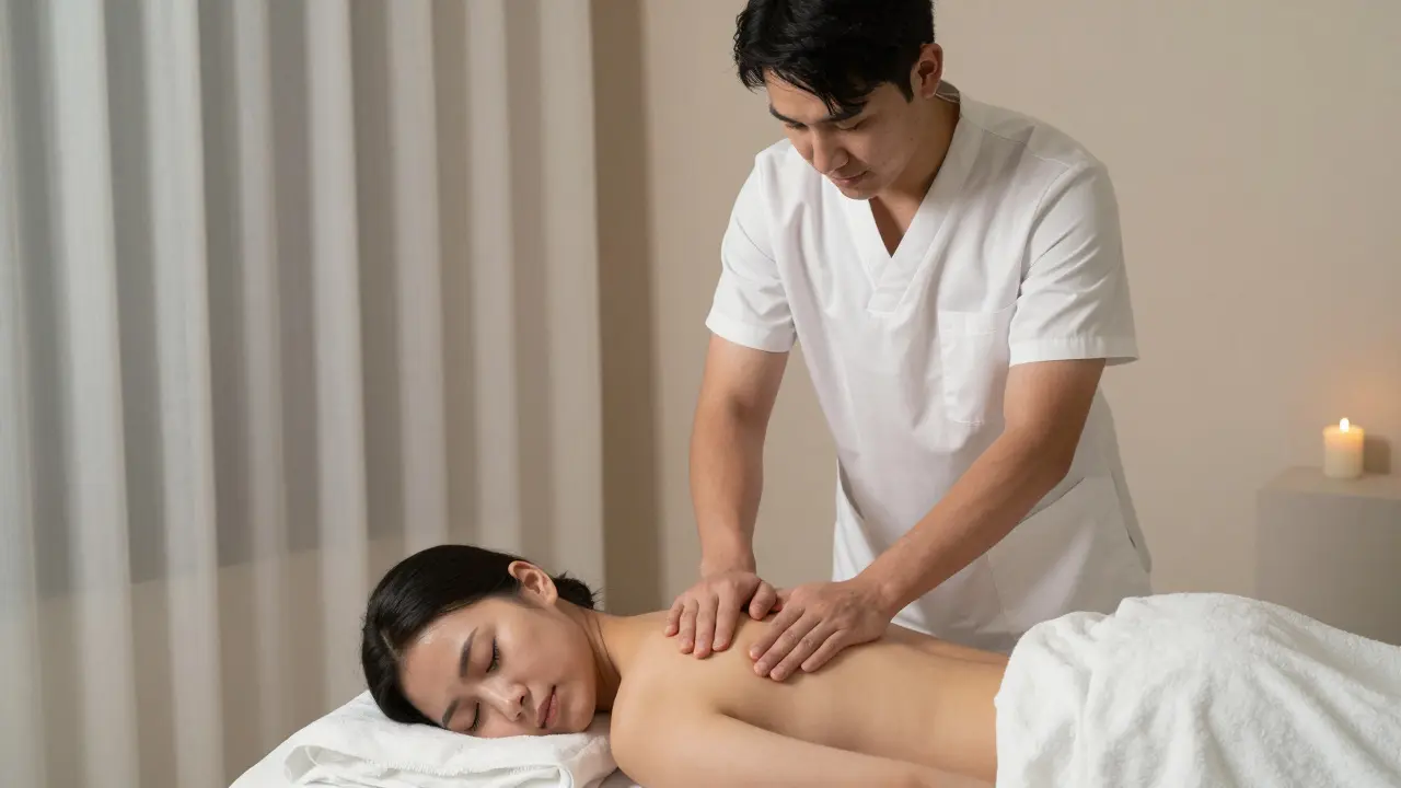 A male therapist performing a professional massage on a female client with full draping in a private room.