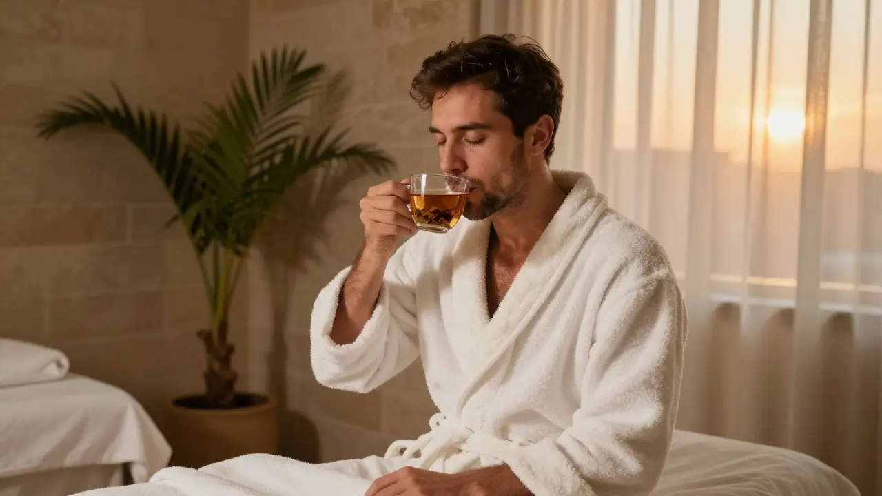 A man relaxes in a spa robe, sipping herbal tea after a massage, surrounded by calm, elegant Dubai spa surroundings.