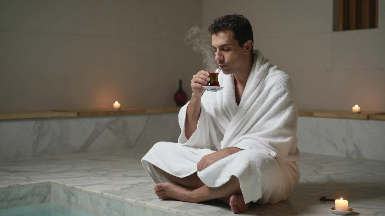 A man sipping mint tea in a quiet cooling room after a Turkish bath, wrapped in a towel.
