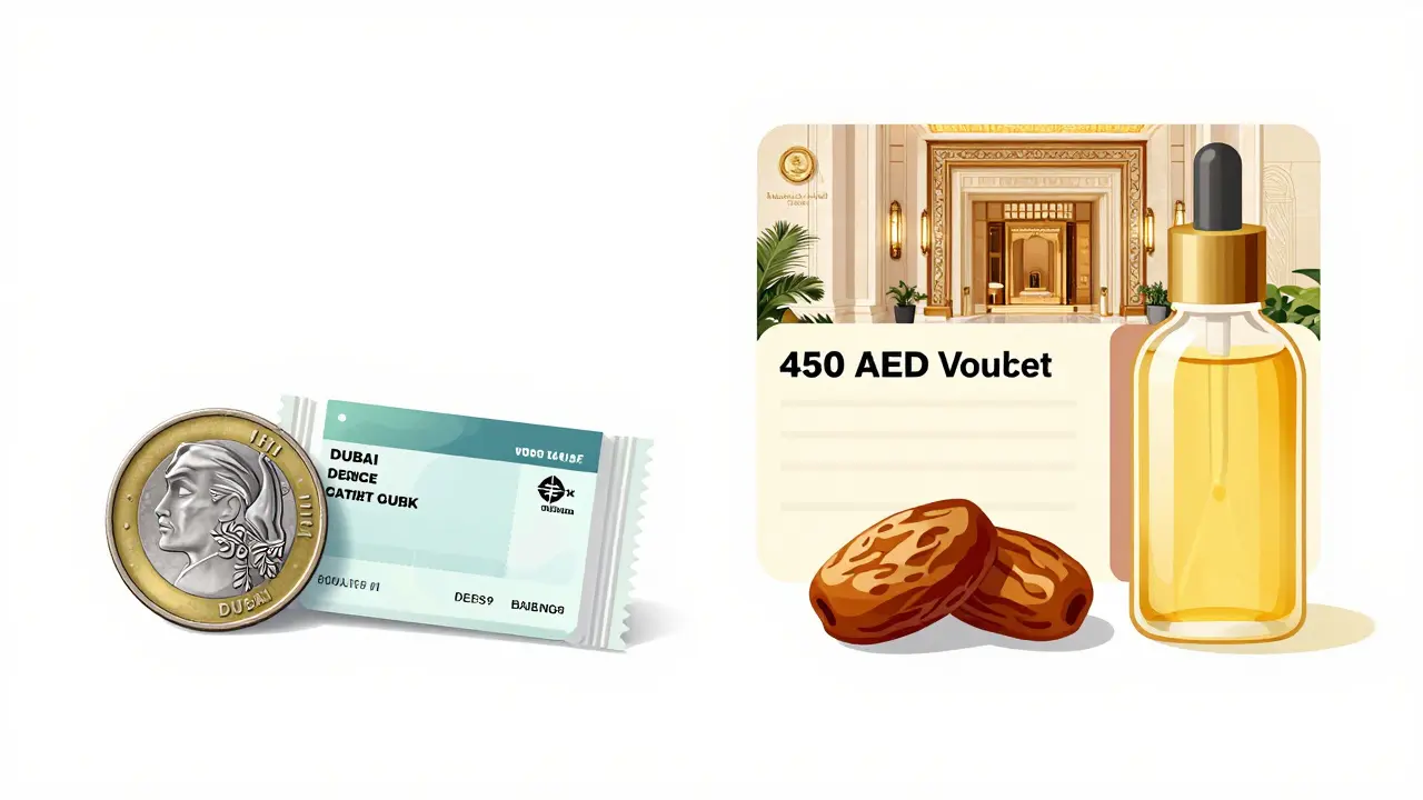 A minimalist still life showing everyday items in Dubai alongside a spa voucher, highlighting the value of the dirham.