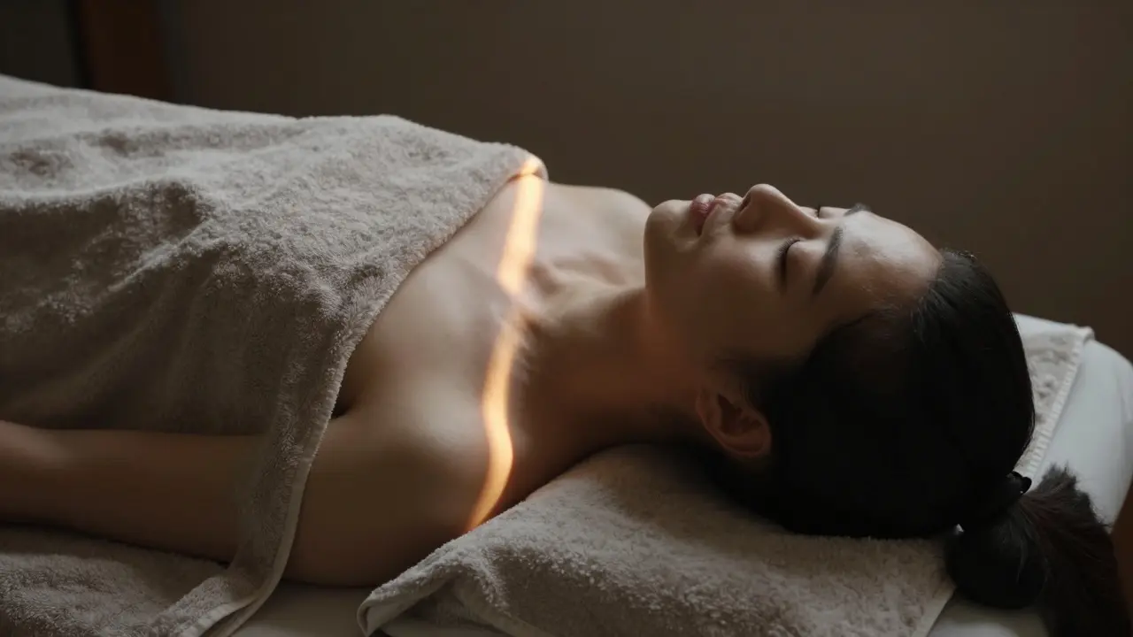 A person lying relaxed on a massage table, eyes closed, covered by a towel in a quiet spa setting.