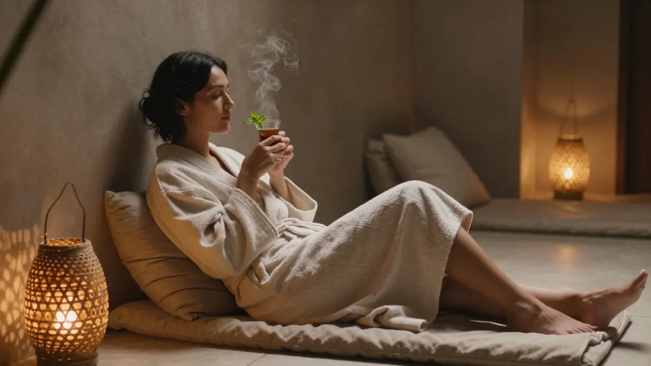 A person relaxing after a hammam, wrapped in a robe, sipping mint tea in a quiet, softly lit lounge.