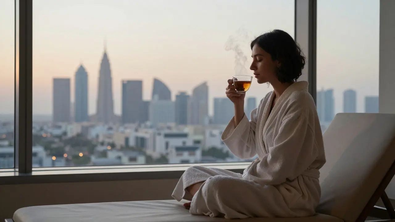 A person relaxing after a massage, sipping tea as dusk light fills the room.