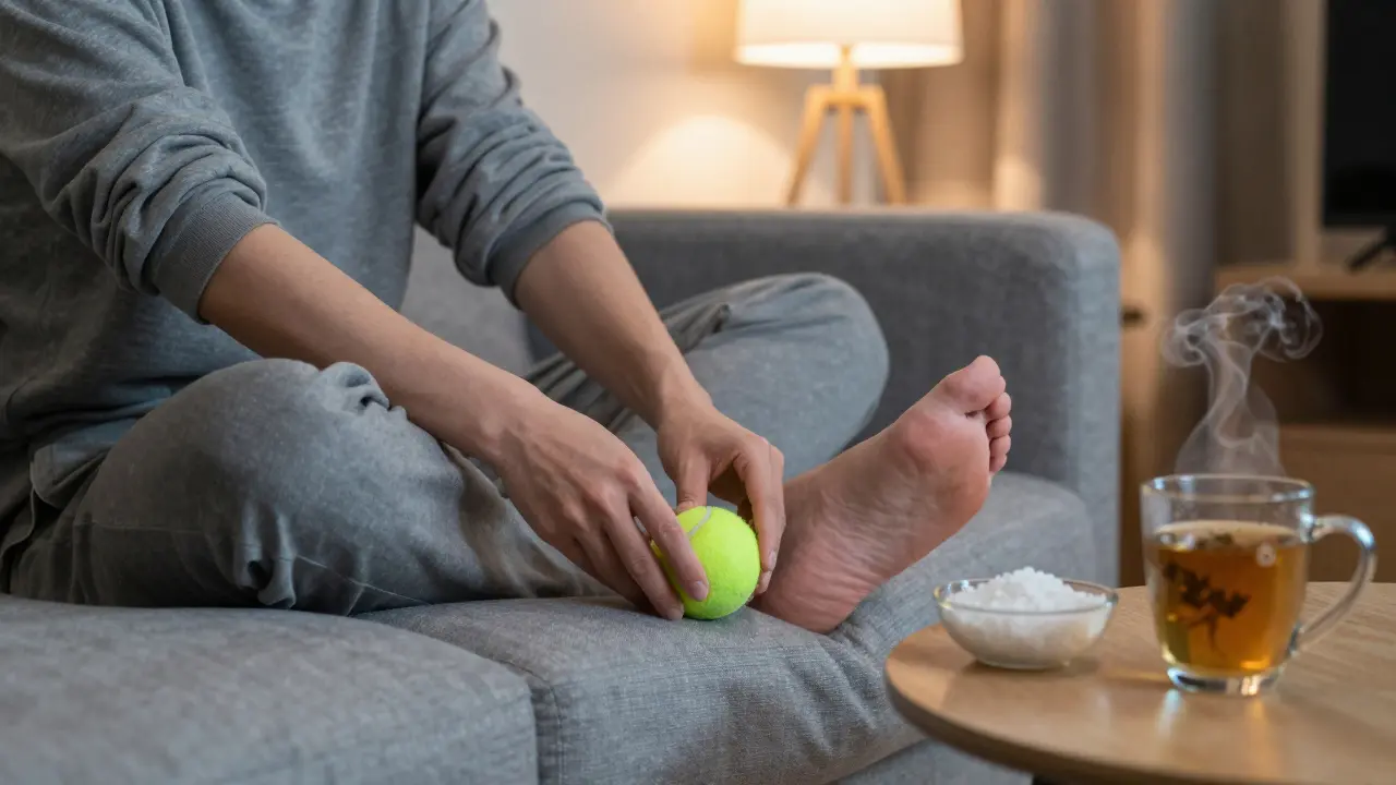 A person rolling a tennis ball under their foot at home, relaxed and at ease in casual surroundings.