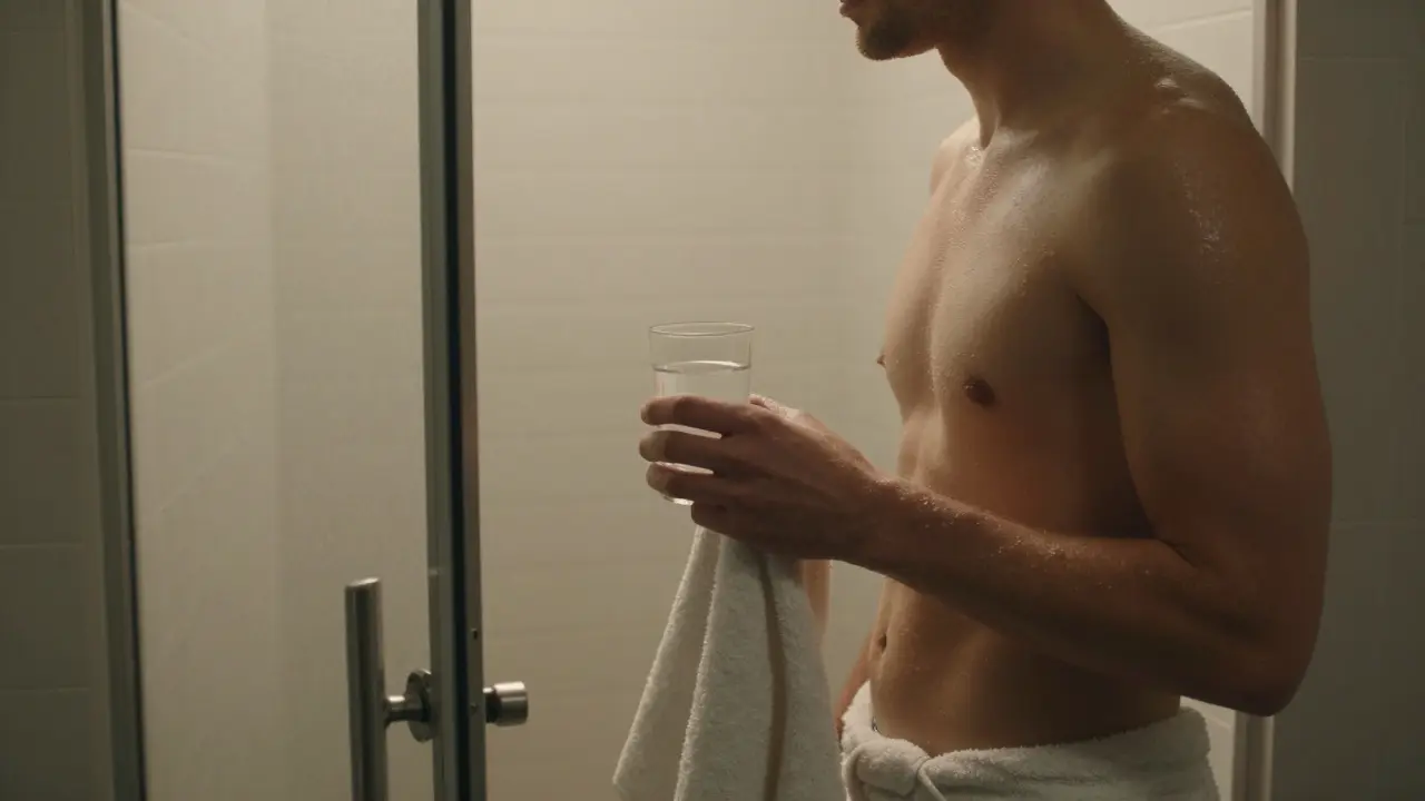 A person stepping out of a steam room holding a towel and glass of water, skin glowing with hydration.