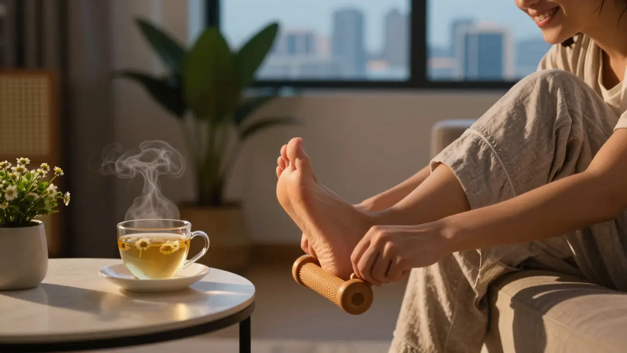 A person using a wooden foot roller at home with a cup of tea nearby, in a calm, well-lit room.