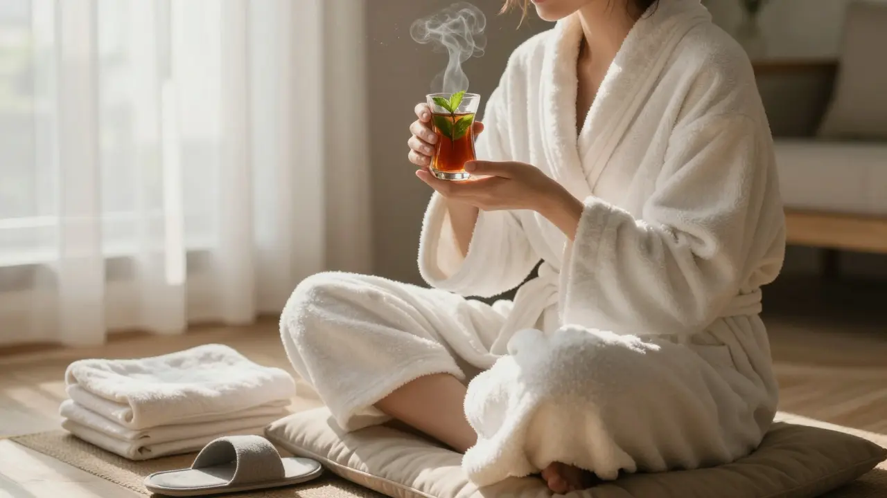 A person wrapped in a robe sipping mint tea after a Moroccan bath, in a quiet, sunlit lounge.