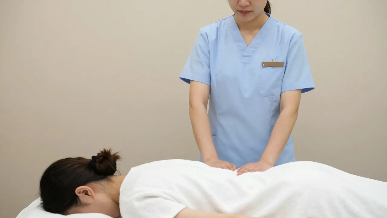 A professional therapist standing respectfully away from a draped client on a massage table.