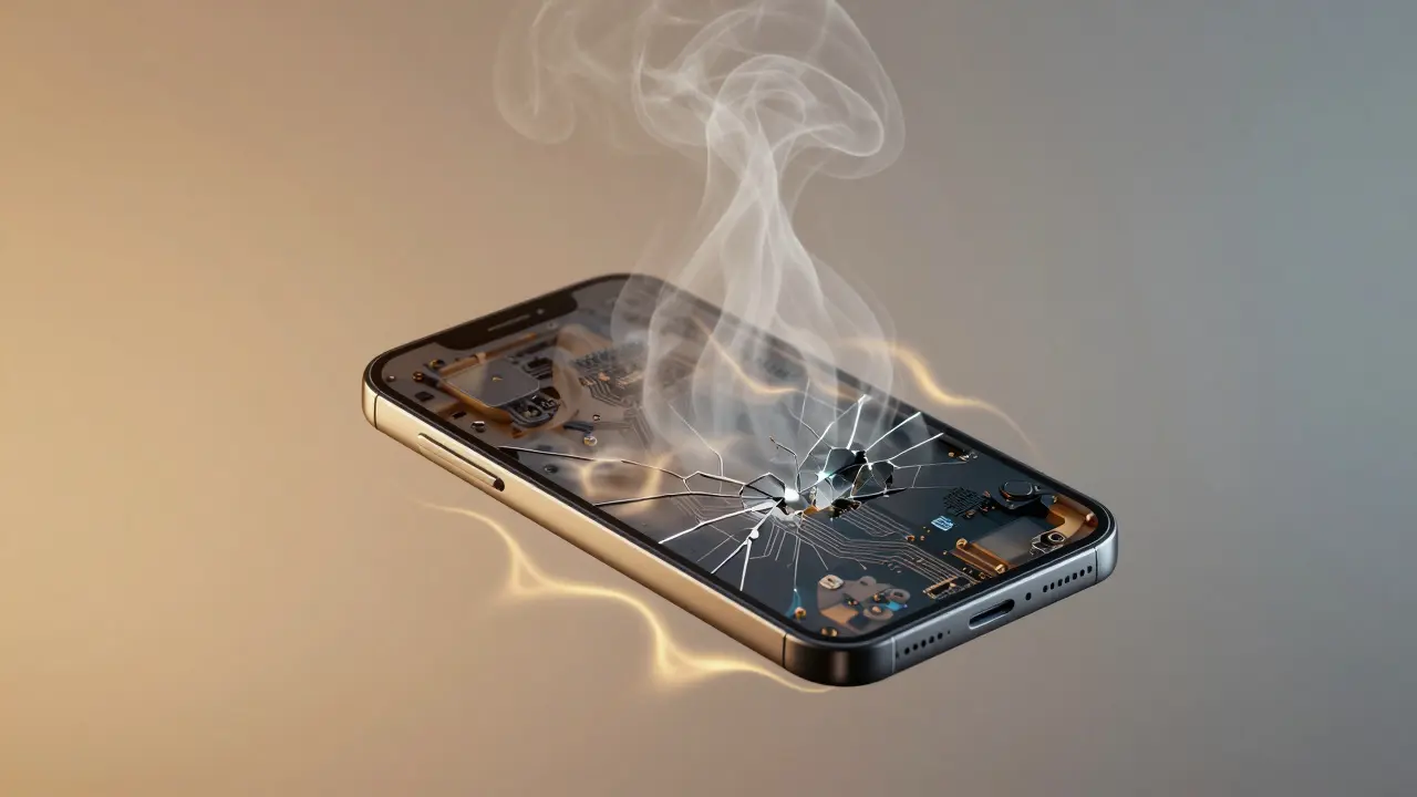 A smartphone dissolving into steam, with corroded circuits visible as heat waves surround it.