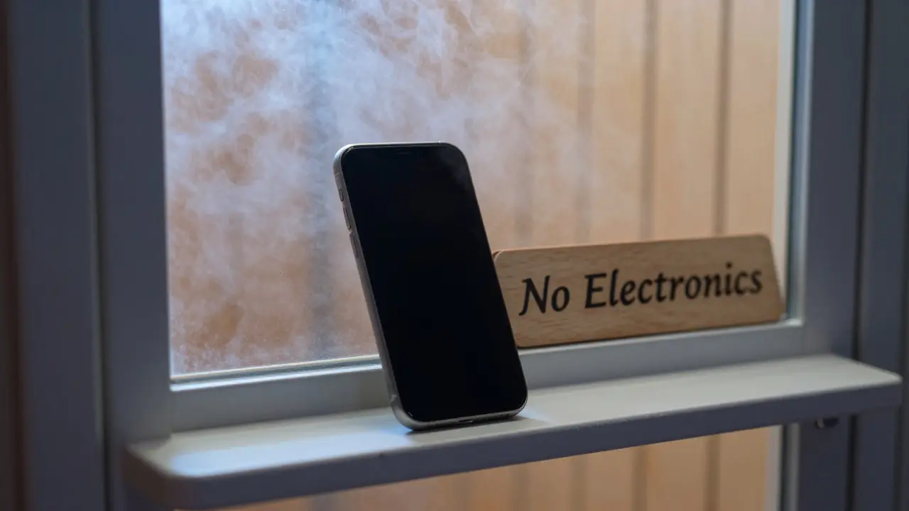 A smartphone left on a locker shelf outside a steam room, with a 'No Electronics' sign.