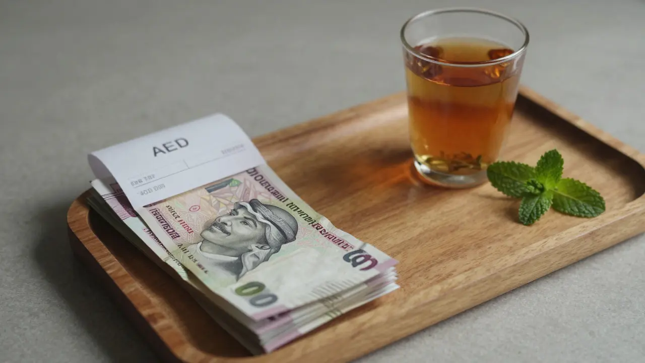 A stack of AED 50 and 100 notes beside a receipt and herbal tea, symbolizing a thoughtful tip.