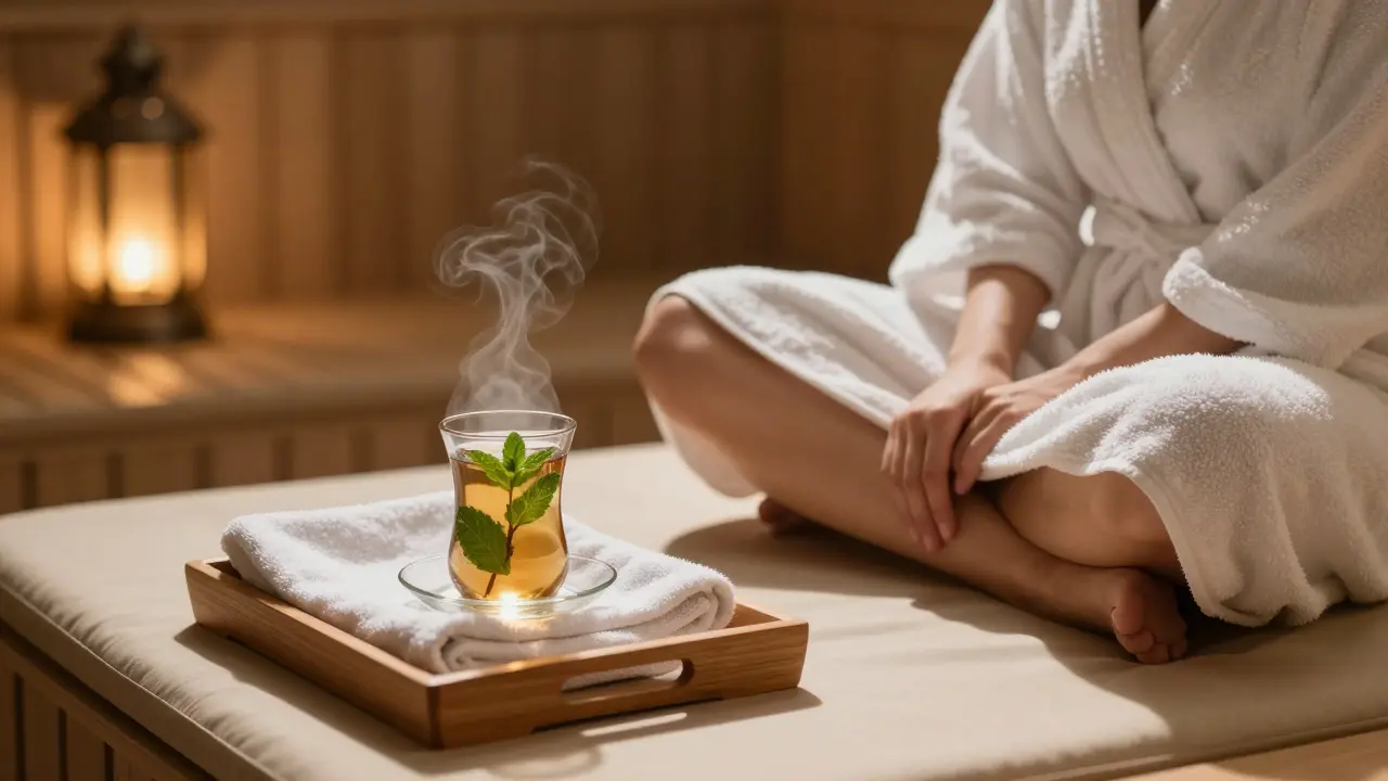 A steaming cup of mint tea and a folded towel beside a relaxed person, symbolizing calm after a hammam ritual.