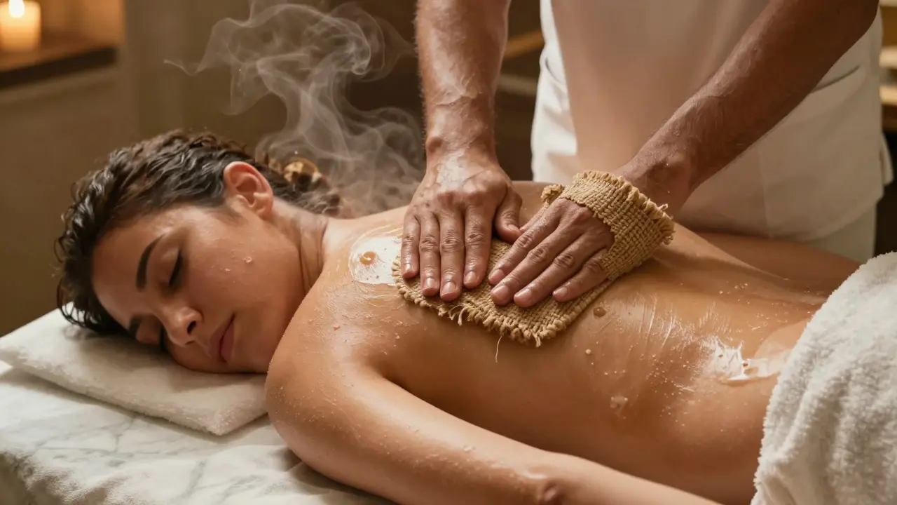 A therapist gently scrubbing a client's back with a kessa glove in a warm, steam-filled private room.