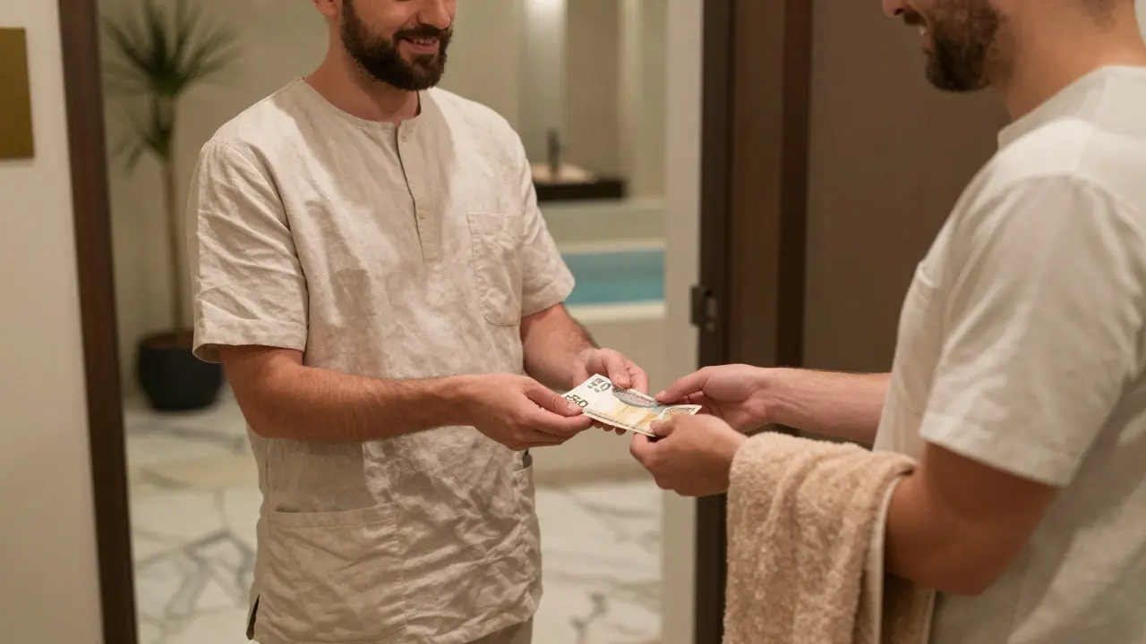 A therapist handing a 50 AED note to a guest with a warm towel, in a luxurious spa setting.