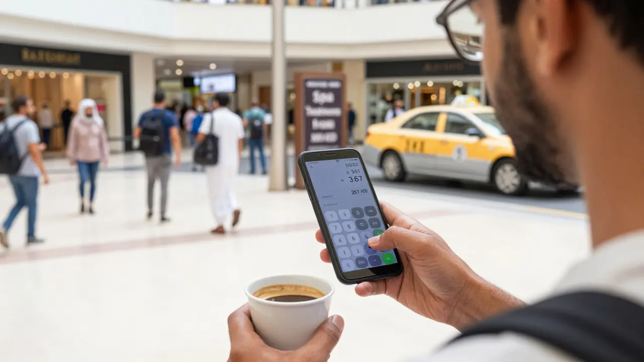 A traveler using a smartphone to calculate USD to AED conversion while holding coffee in a busy Dubai mall.