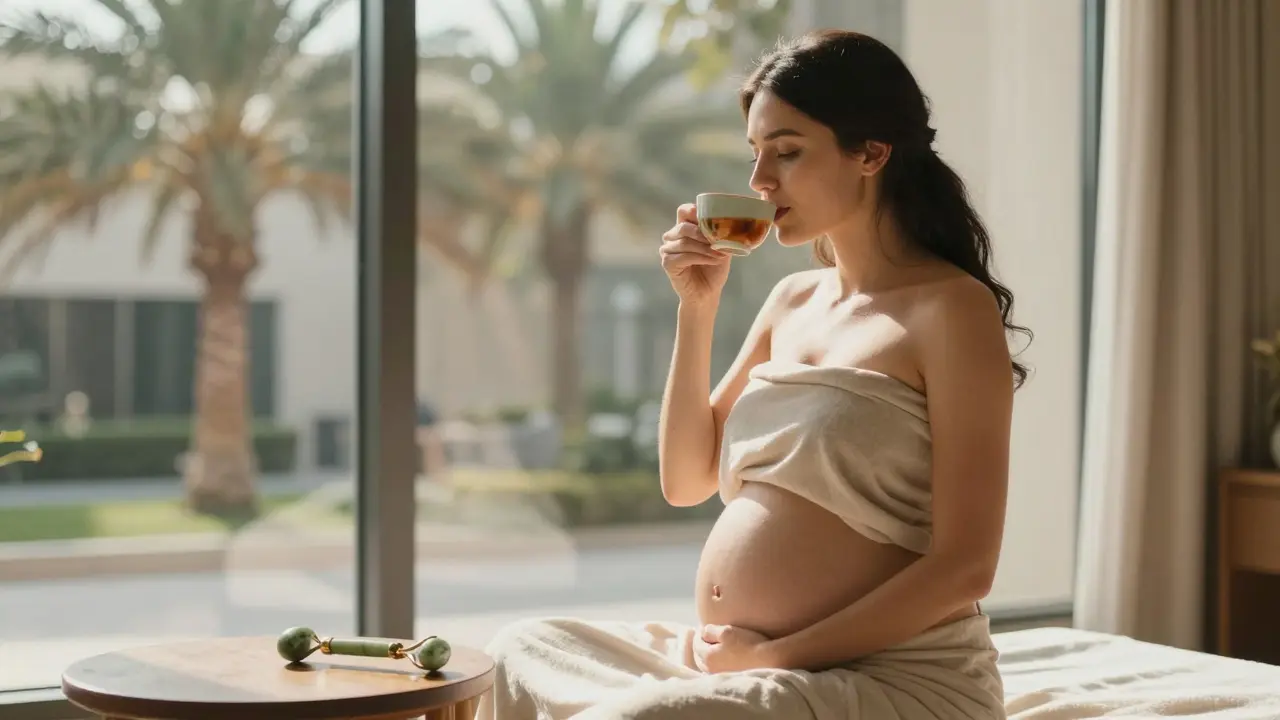 A woman drinking herbal tea after a massage, abdomen covered, sunlight streaming through a window in Dubai.