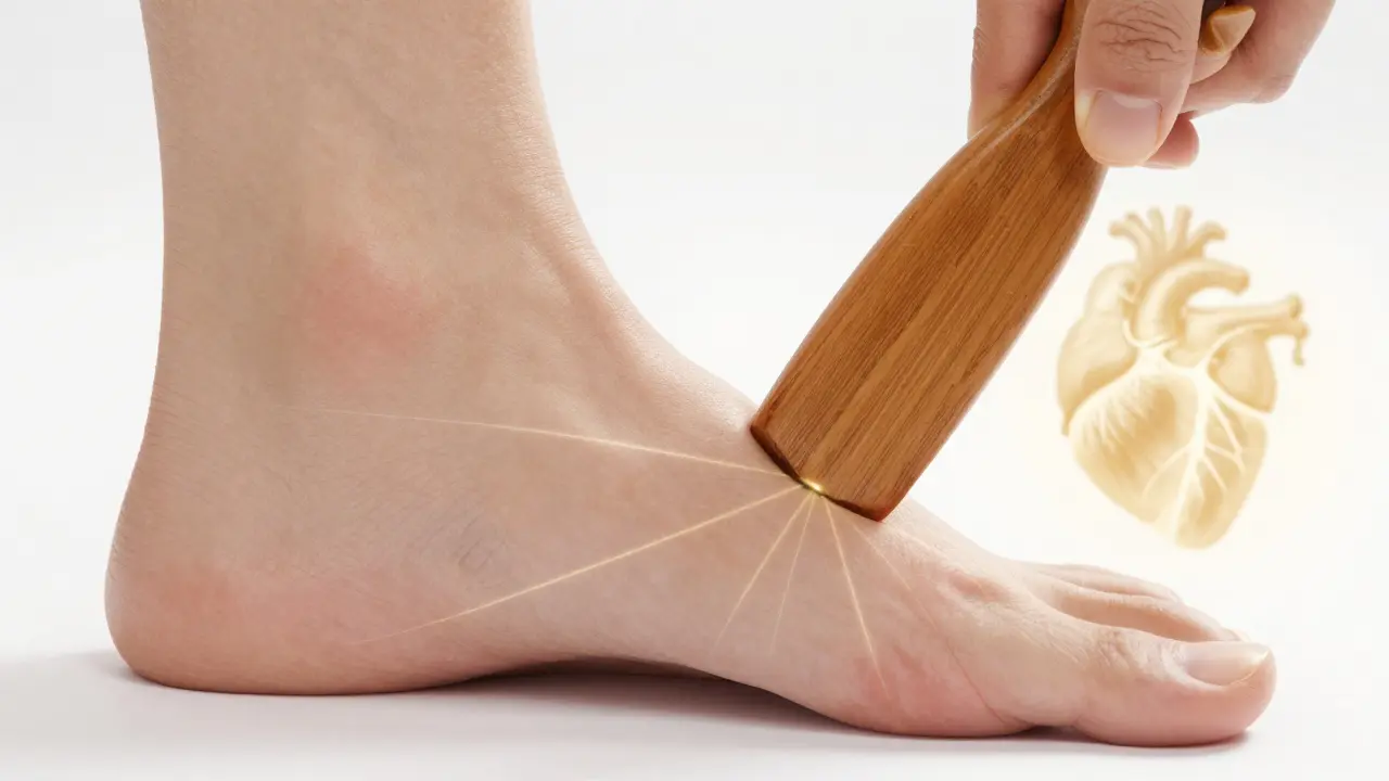 A wooden tool applying pressure to the arch of a foot with faint meridian lines glowing beneath the skin.