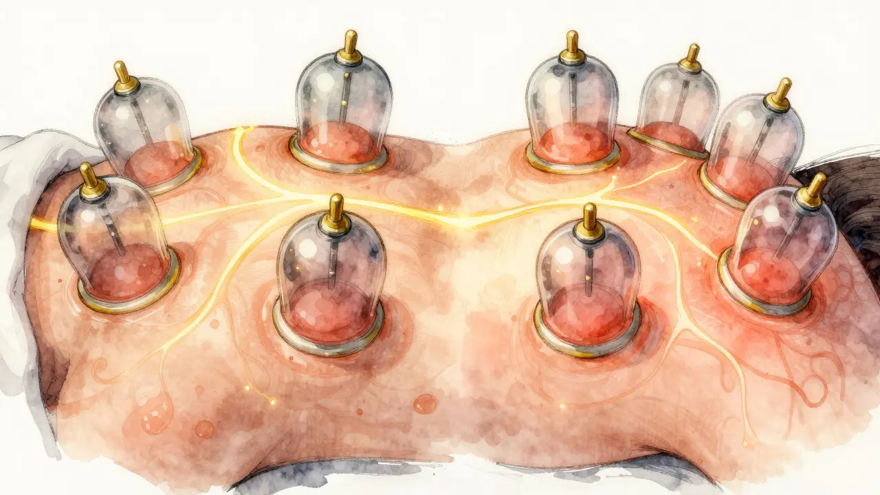 Artistic contrast between puffy, dull skin and radiant, circulated skin with glowing golden pathways beneath the surface.